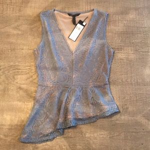 BCBG Blue lace sleeveless top with ruffle bottom